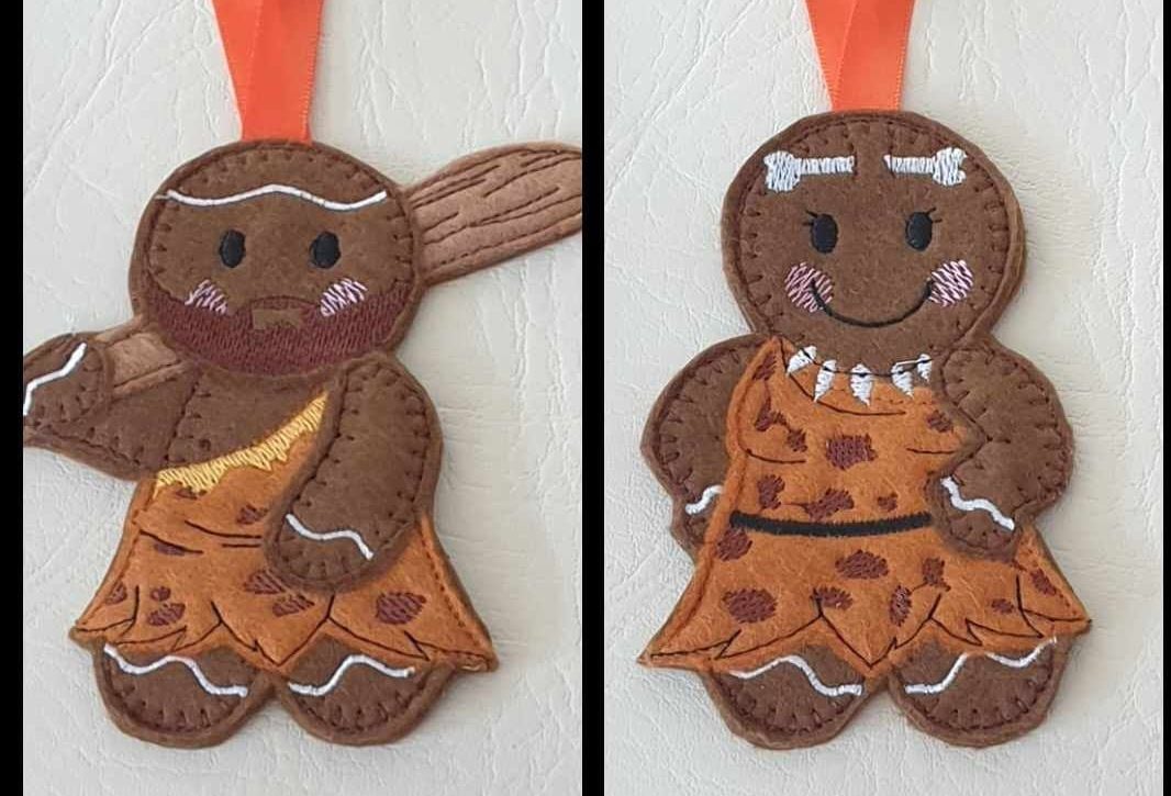 Caveman, Cavewoman Gingerbread Felt Hanging Decoration, Christmas Tree Decoration. Available as Keyring & Fridge Magnet too.