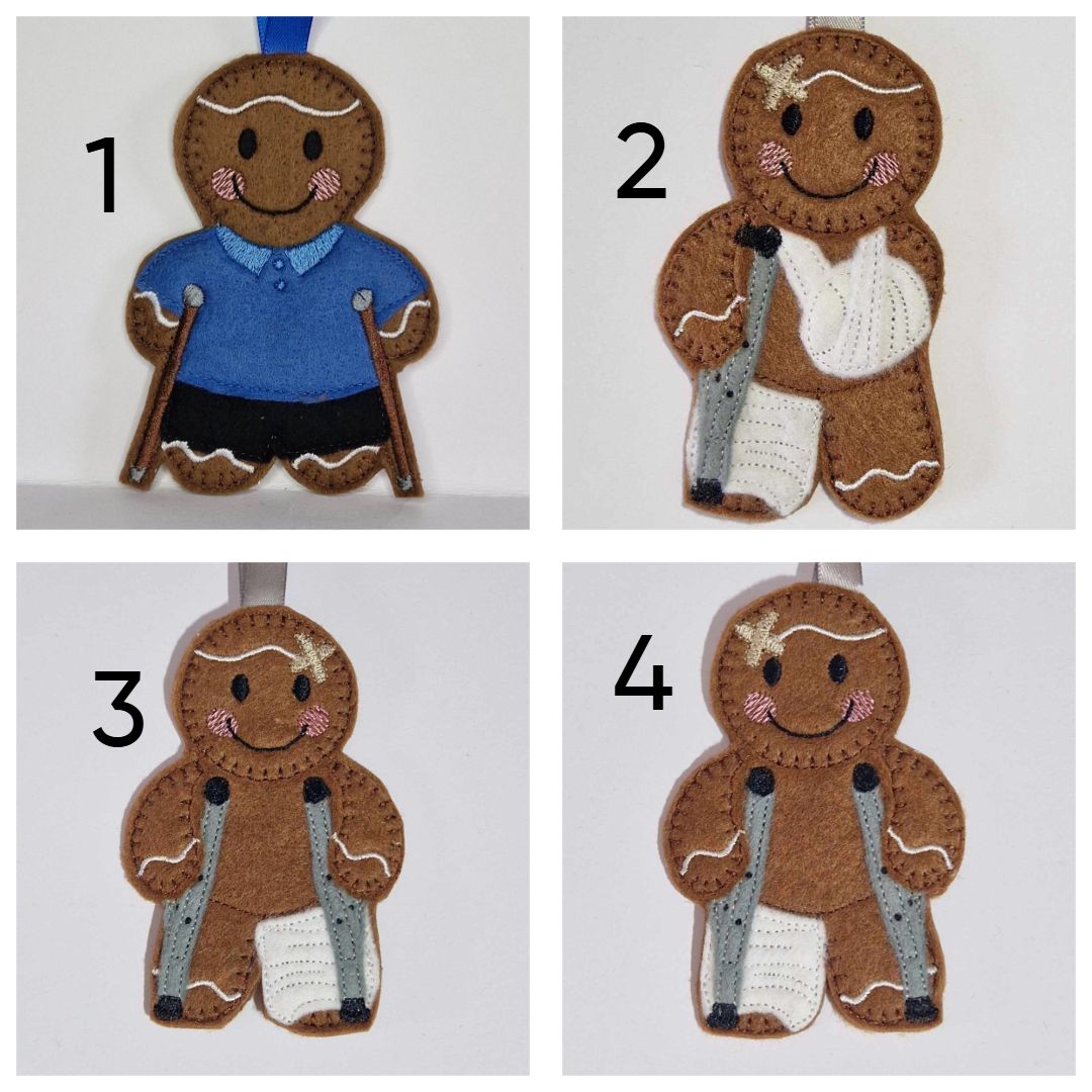 Crutches, Broken Leg, Broken Arm, Double Crutches, Gingerbread Felt Hanging Decoration, Christmas Tree Decoration. Available as Keyring & Fridge Magne