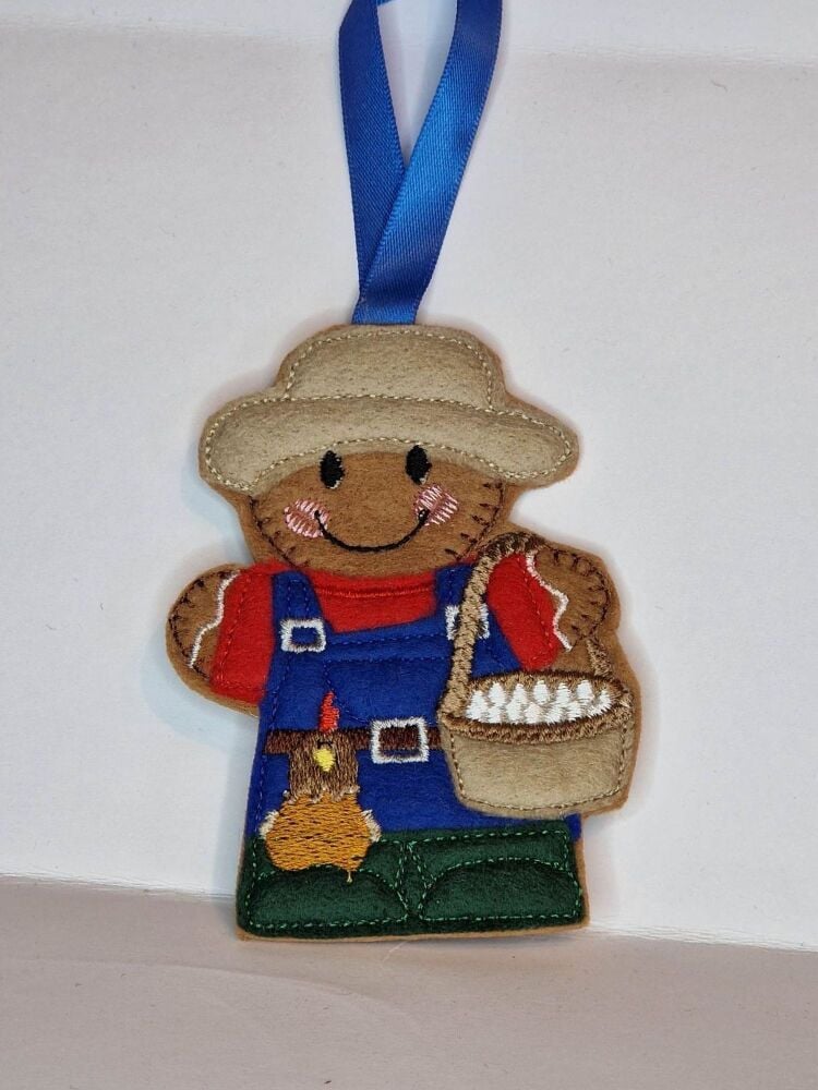 Farmer with Egg Basket Gingerbread Felt Hanging Decoration, Christmas Tree Decoration. Available as Keyring & Fridge Magnet too.