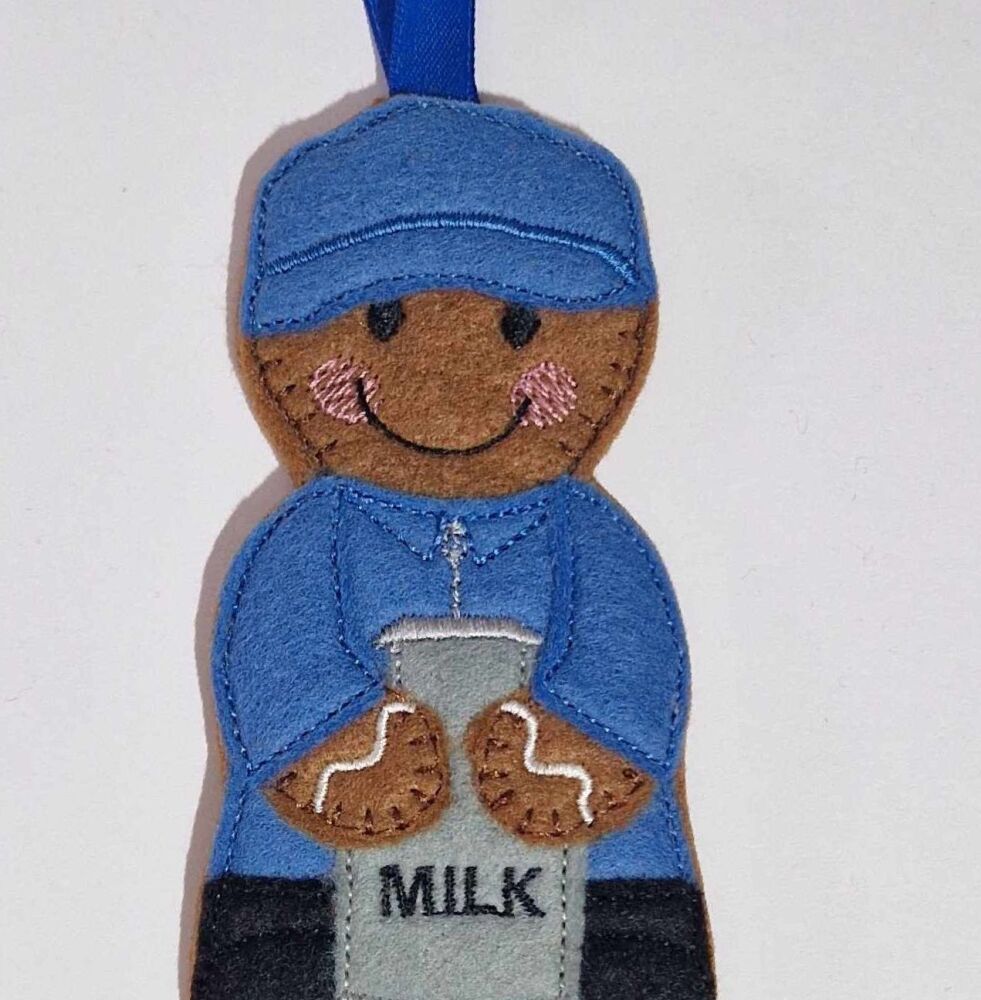 Dairy Farmer Gingerbread Felt Hanging Decoration, Christmas Tree Decoration. Available as Keyring & Fridge Magnet too.