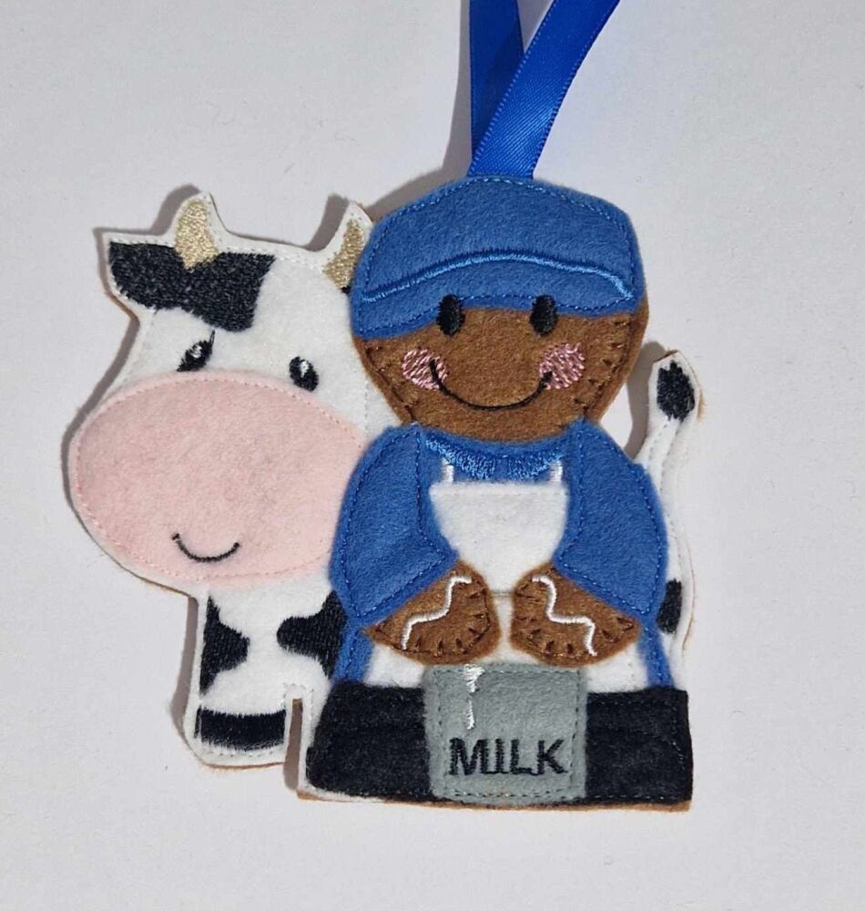 Dairy Farmer with Cow Gingerbread Felt Hanging Decoration, Christmas Tree D