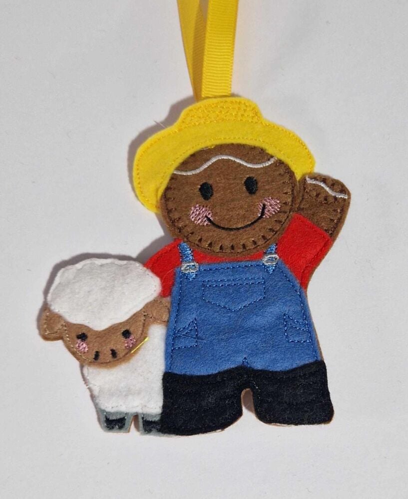 Farmer with Sheep Gingerbread Felt Hanging Decoration, Christmas Tree Decor