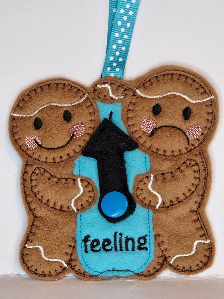 Feelings, Feeling sad, Feeling Happy Gingerbread Felt Hanging Decoration, Christmas Tree Decoration. Available as Keyring & Fridge Magnet too.