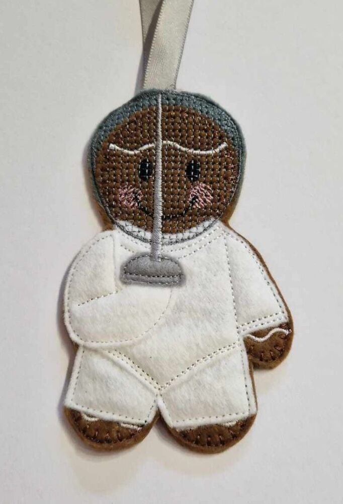 Fencing Gingerbread Felt Hanging Decoration, Christmas Tree Decoration. Available as Keyring & Fridge Magnet too.