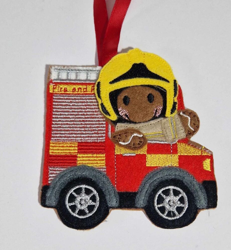 Fire Truck Gingerbread Felt Hanging Decoration, Christmas Tree Decoration. 