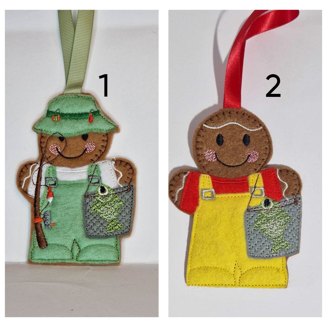 Fisherman, Fishing Gingerbread Felt Hanging Decoration, Christmas Tree Decoration. Available as Keyring & Fridge Magnet too.