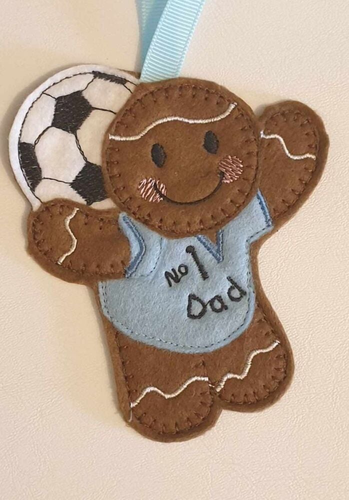 Football No.1  Dad Gingerbread Felt Hanging Decoration, Christmas Tree Decoration. Available as Keyring & Fridge Magnet too.