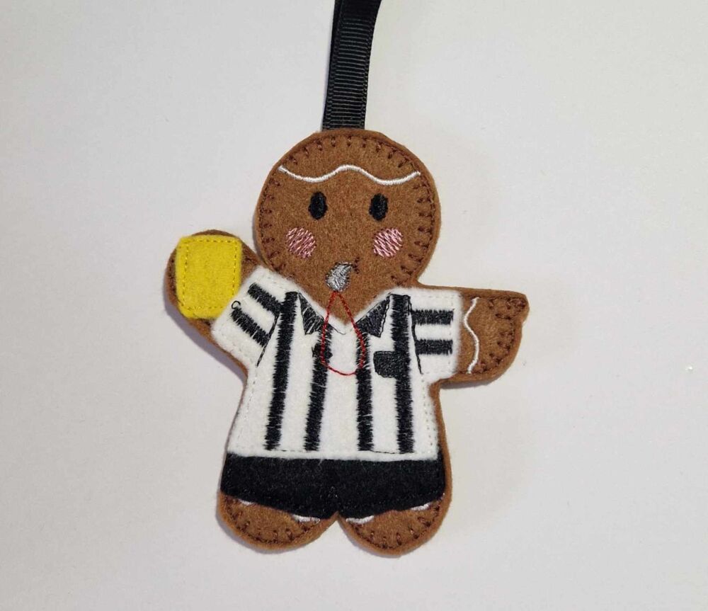 Football Referee Gingerbread Felt Hanging Decoration, Christmas Tree Decoration. Available as Keyring & Fridge Magnet too.