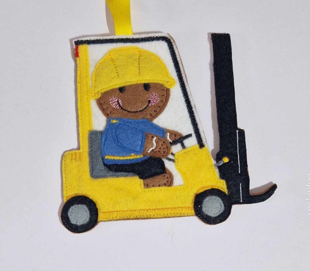 Forklift Truck Driver Gingerbread Felt Hanging Decoration, Christmas Tree D