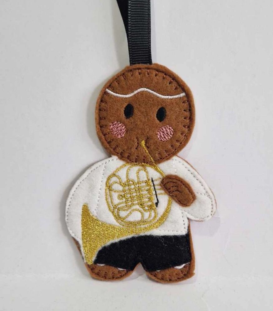 French Horn Musical Instrument Gingerbread Felt Hanging Decoration, Christmas Tree Decoration. Available as Keyring & Fridge Magnet too.