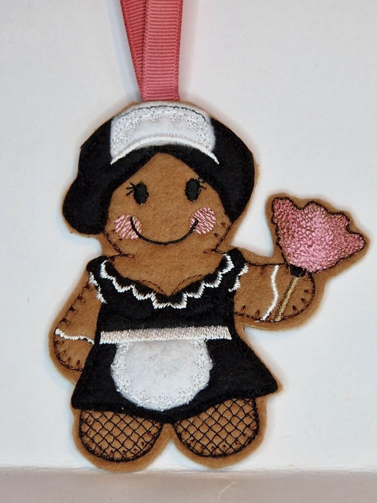 French Maid Gingerbread Felt Hanging Decoration, Christmas Tree Decoration.