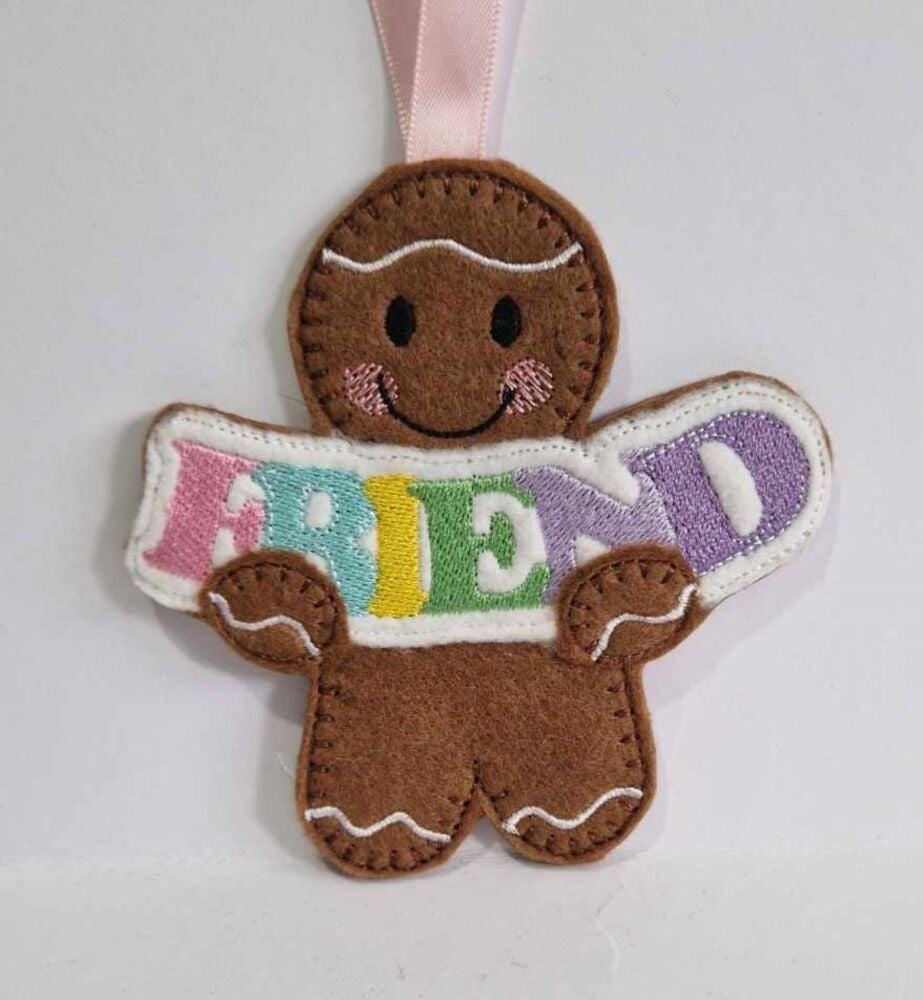 Friend Banner Gingerbread Felt Hanging Decoration, Christmas Tree Decoration. Available as Keyring & Fridge Magnet too.