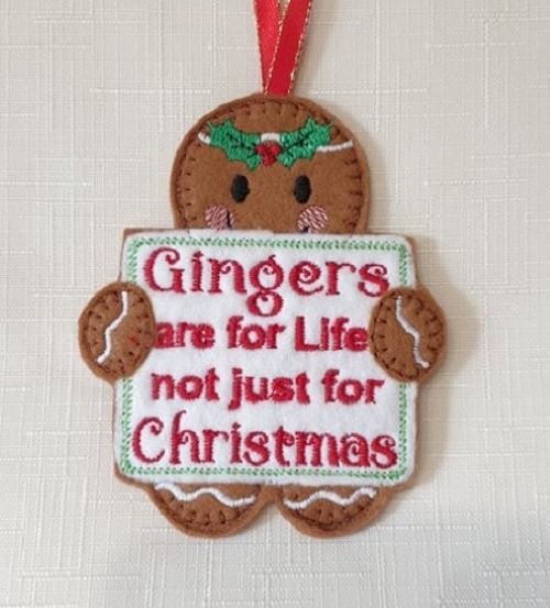 Gingers for life Gingerbread Felt Hanging Decoration, Christmas Tree Decoration. Available as Keyring & Fridge Magnet too.