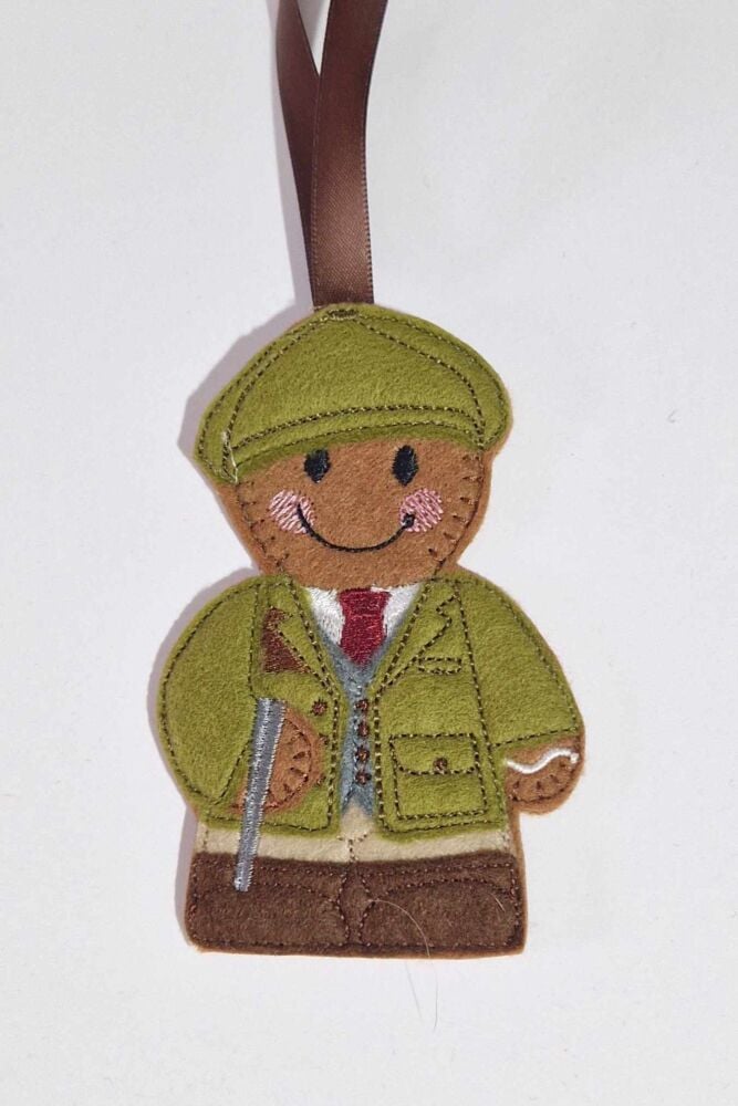 Game Keeper Gingerbread Felt Hanging Decoration, Christmas Tree Decoration. Available as Keyring & Fridge Magnet too.