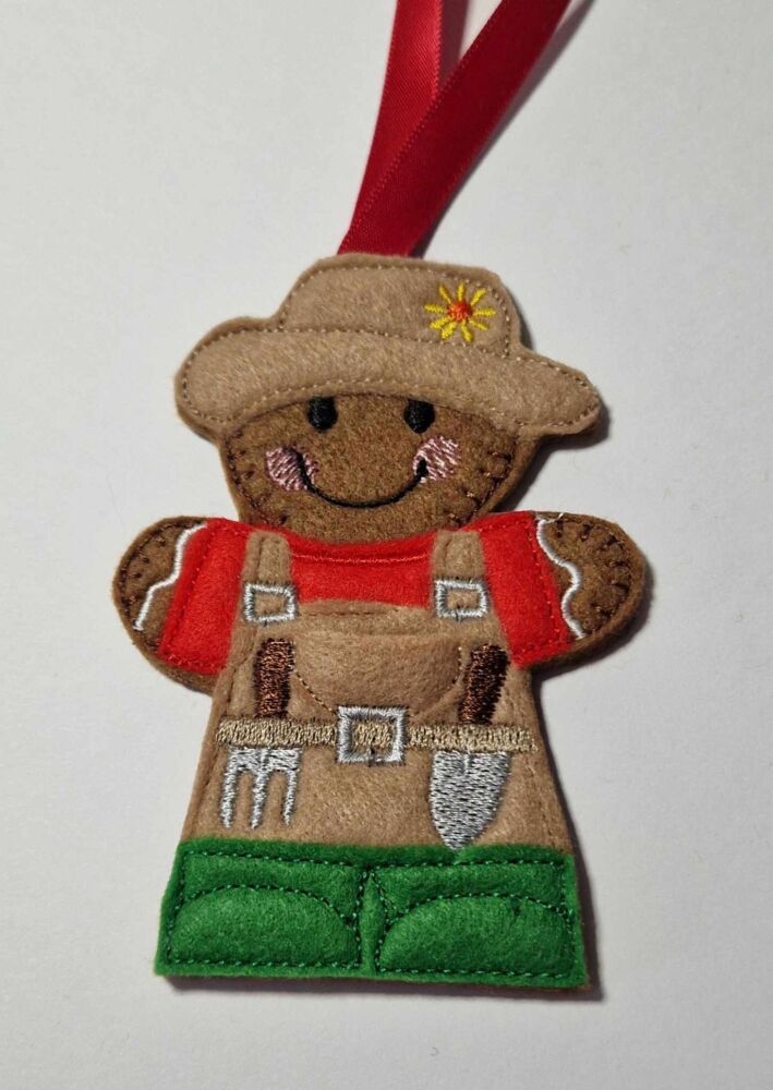 Gardener Gingerbread Felt Hanging Decoration, Christmas Tree Decoration. Available as Keyring & Fridge Magnet too.