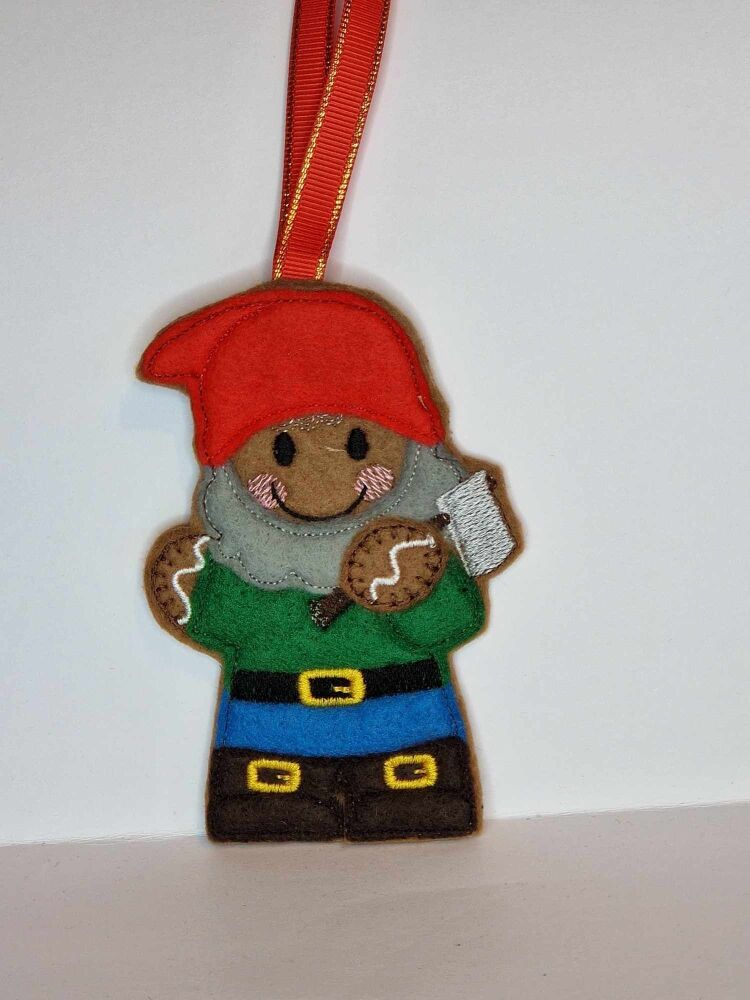 Garden Gnome Gingerbread Felt Hanging Decoration, Christmas Tree Decoration. Available as Keyring & Fridge Magnet too.