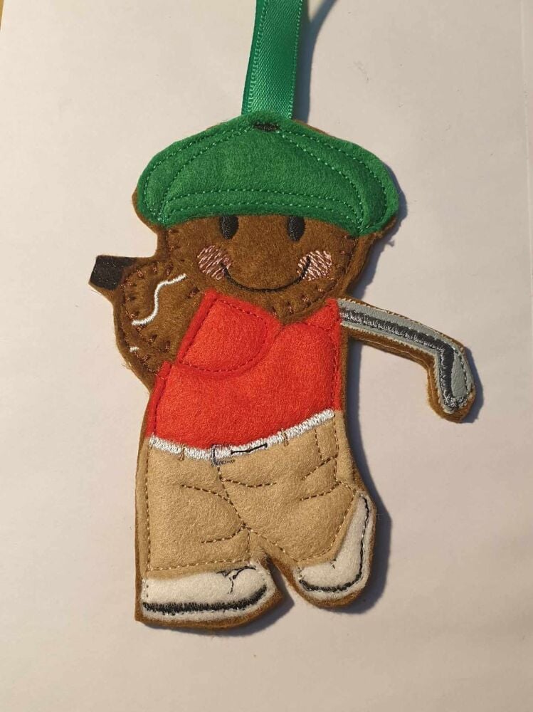 Golf, Golfing Gingerbread Felt Hanging Decoration, Christmas Tree Decoration. Available as Keyring & Fridge Magnet too.