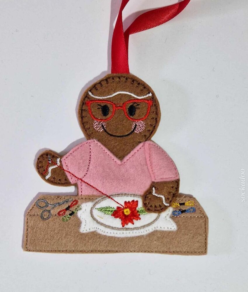 Hand Embroidery Gingerbread Felt Hanging Decoration, Christmas Tree Decoration. Available as Keyring & Fridge Magnet too.