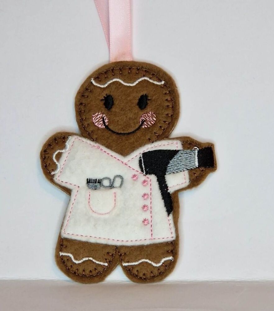 Hairdresser Gingerbread Felt Hanging Decoration, Christmas Tree Decoration.