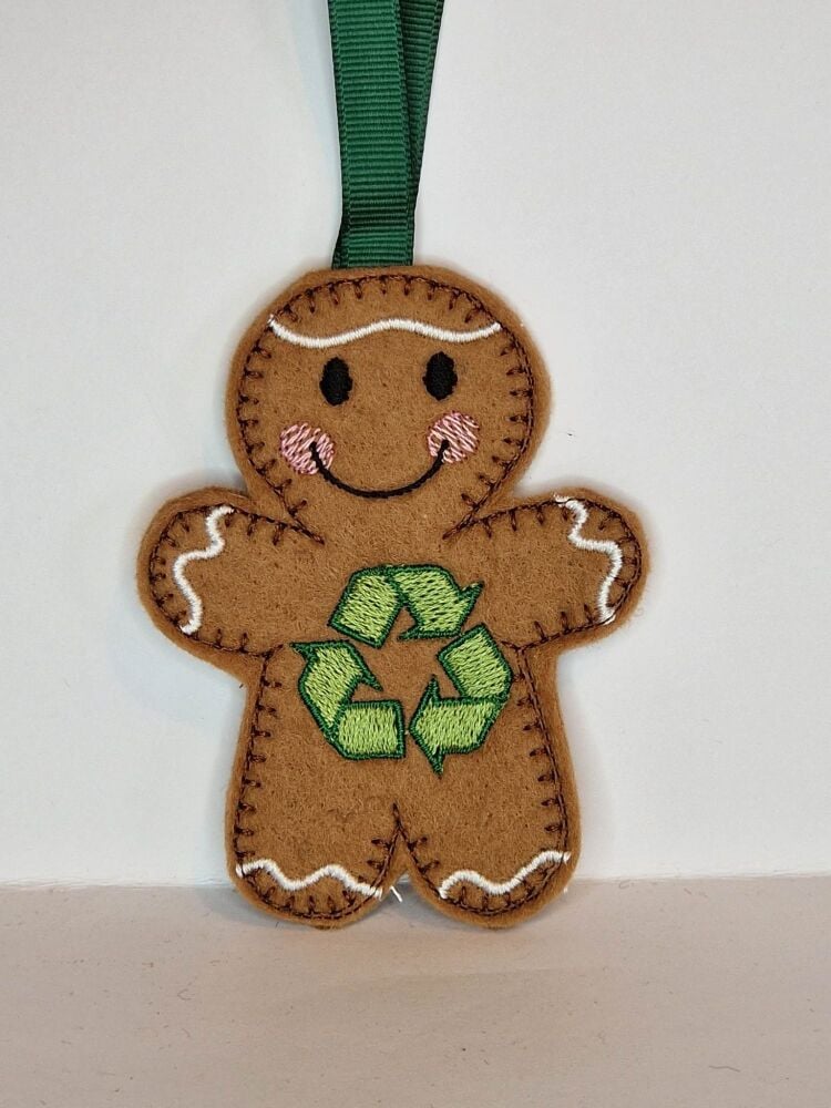 Recycle, Recycling Gingerbread Felt Hanging Decoration, Christmas Tree Decoration.