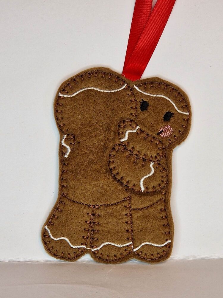 Hugging Gingerbread couple Felt Hanging Decoration, Christmas Tree Decoration. Available as Keyring & Fridge Magnet too.