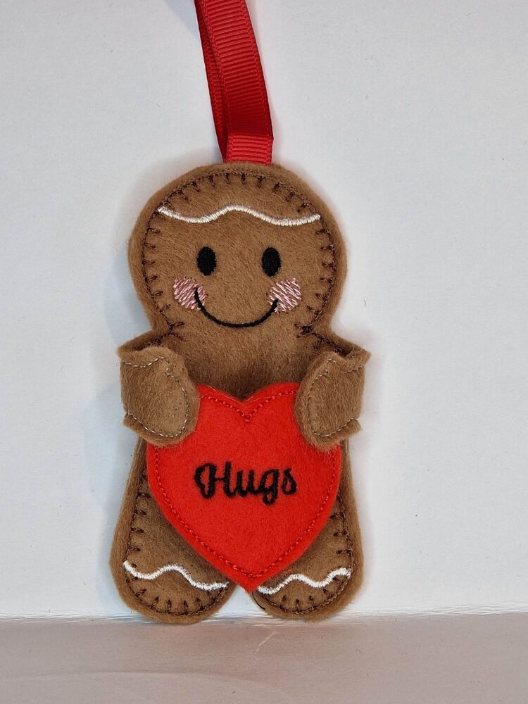 Holding Hugs Heart Gingerbread Felt Hanging Decoration, Christmas Tree Decoration. Available as Keyring & Fridge Magnet too.