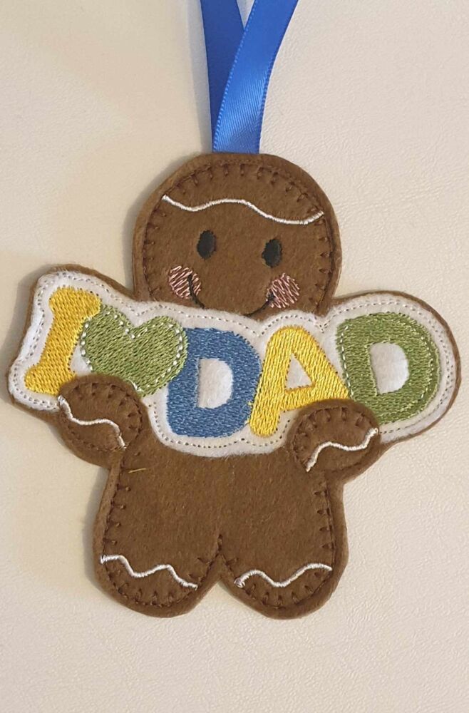 I ðŸ’š DAD Gingerbread Felt Hanging Decoration, Christmas Tree Decoration. Available as Keyring & Fridge Magnet too.