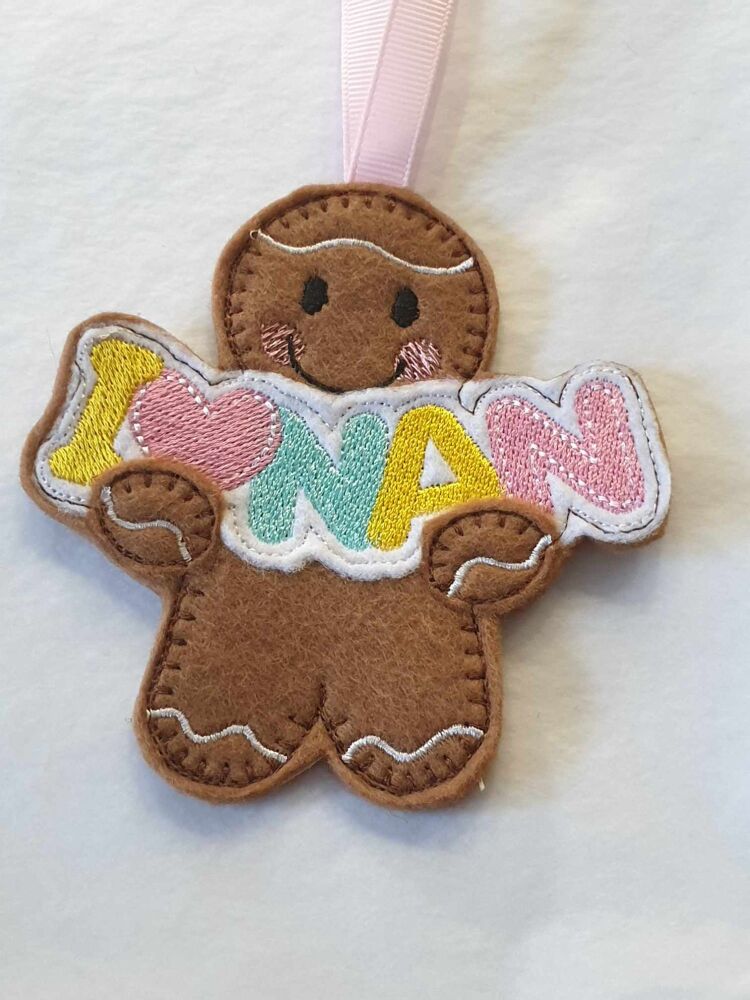 I ðŸ’— NAN Gingerbread Felt Hanging Decoration, Christmas Tree Decoration. Available as Keyring & Fridge Magnet too.