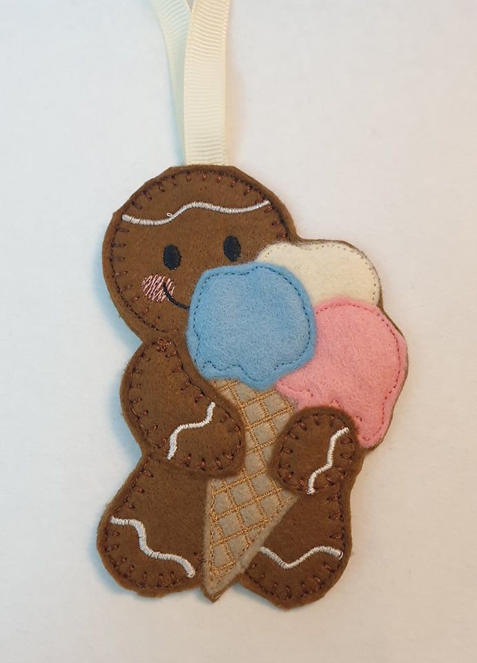 Ice Cream Gingerbread Felt Hanging Decoration, Christmas Tree Decoration. Available as Keyring & Fridge Magnet too.