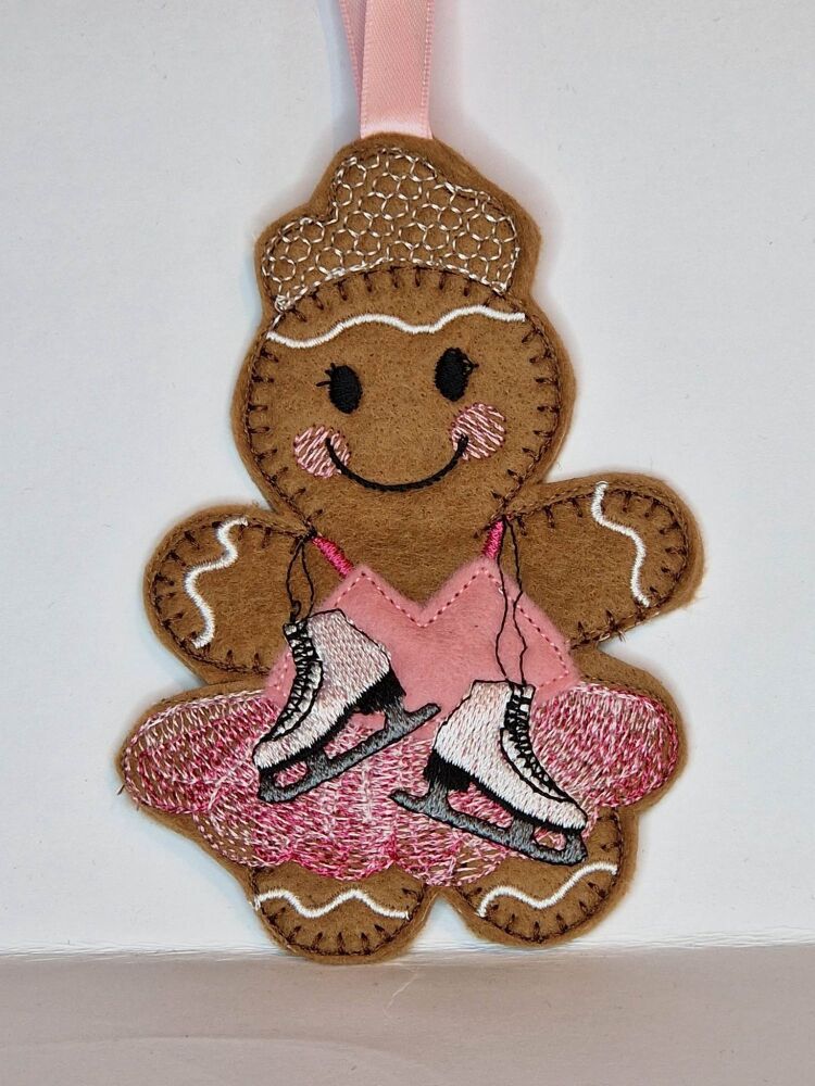 Ice Skater skating Gingerbread Felt Hanging Decoration, Christmas Tree Decoration. Available as Keyring & Fridge Magnet too.