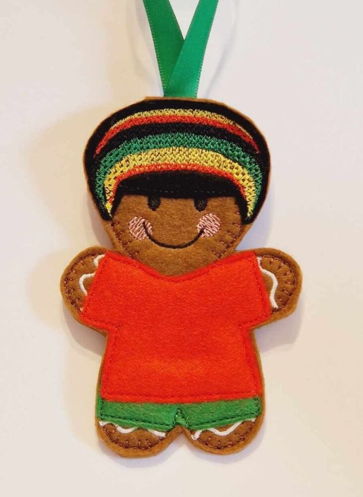 Rasta, Jamaican Gingerbread Felt Hanging Decoration, Christmas Tree Decoration. Available as Keyring & Fridge Magnet too.