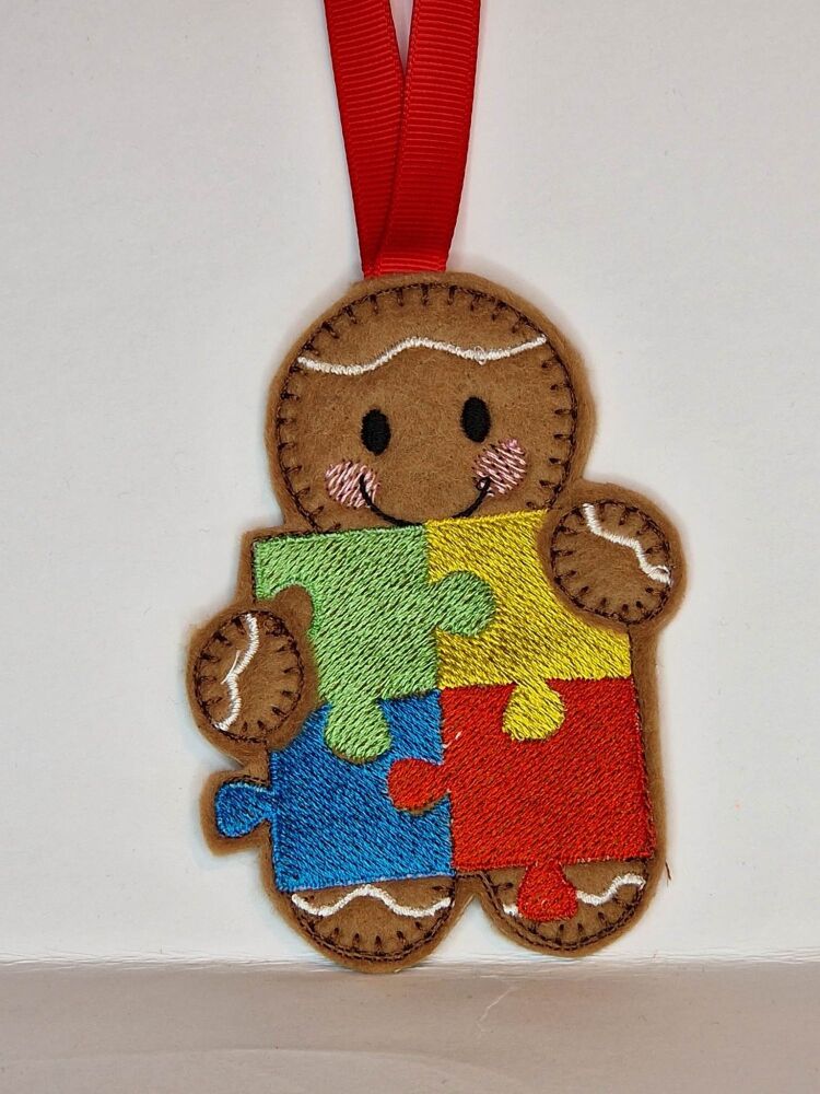 Jigsaw Piece Gingerbread Felt Hanging Decoration, Christmas Tree Decoration. Available as Keyring & Fridge Magnet too.