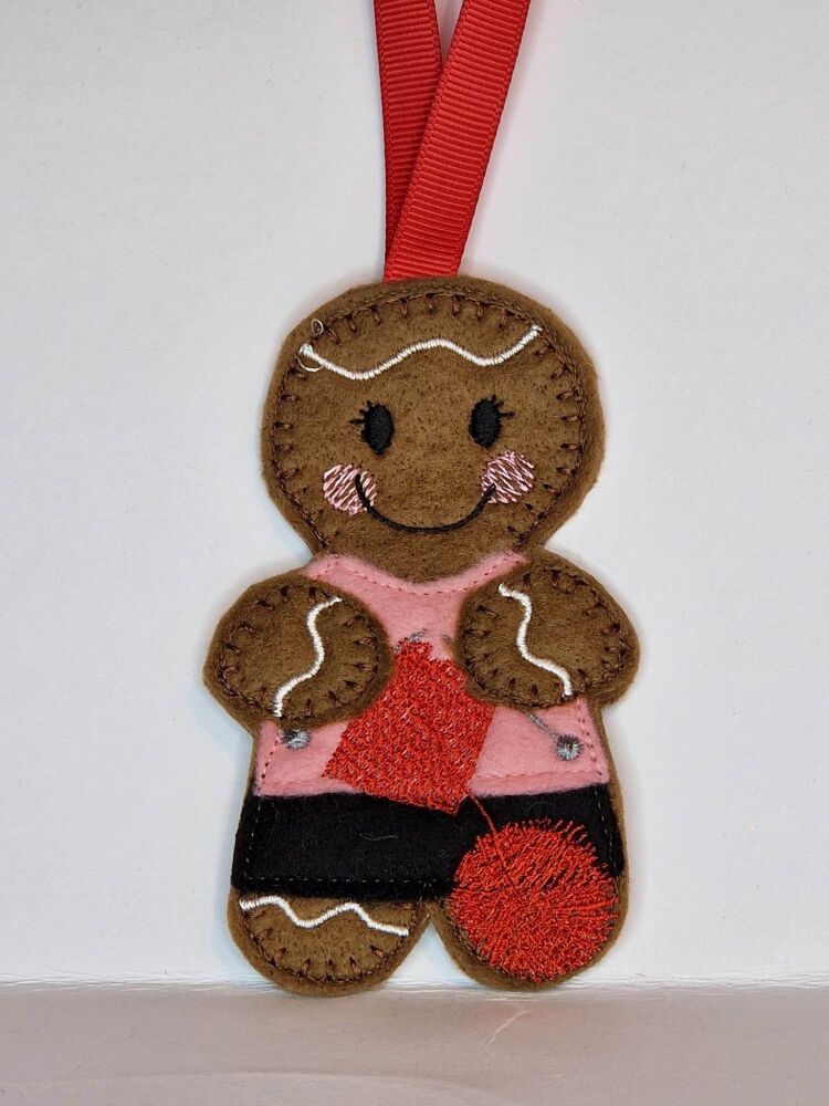 Knitting, Knitter Gingerbread Felt Hanging Decoration, Christmas Tree Decoration. Available as Keyring & Fridge Magnet too.