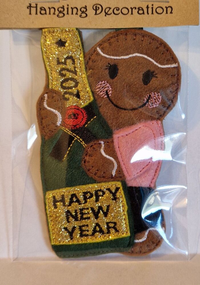 Champagne Gingerbread Felt Hanging Decoration, Christmas Tree Decoration. Available as Keyring & Fridge Magnet too.