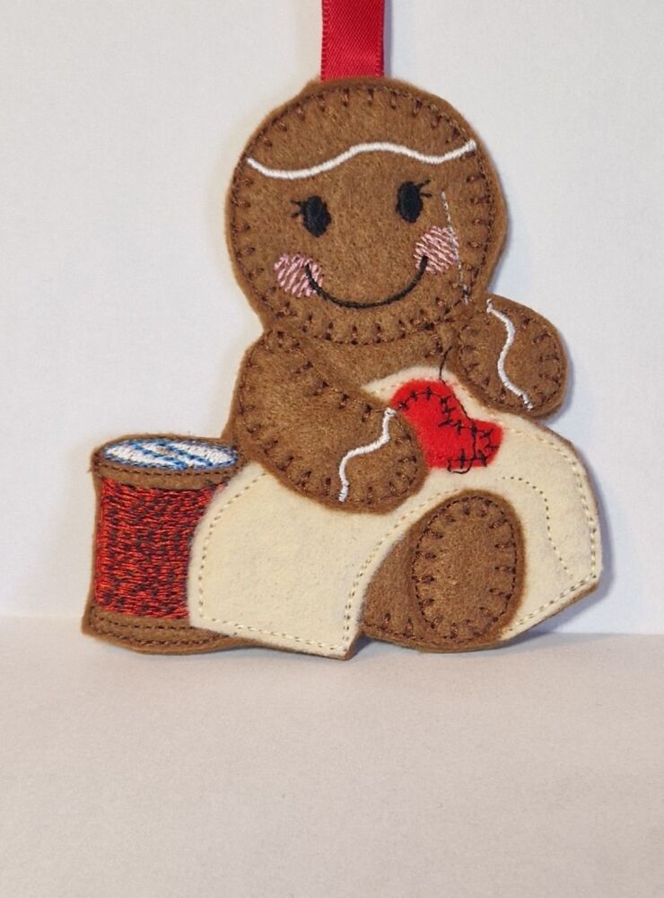 Hand sewing Gingerbread Felt Hanging Decoration, Christmas Tree Decoration. Available as Keyring & Fridge Magnet too.