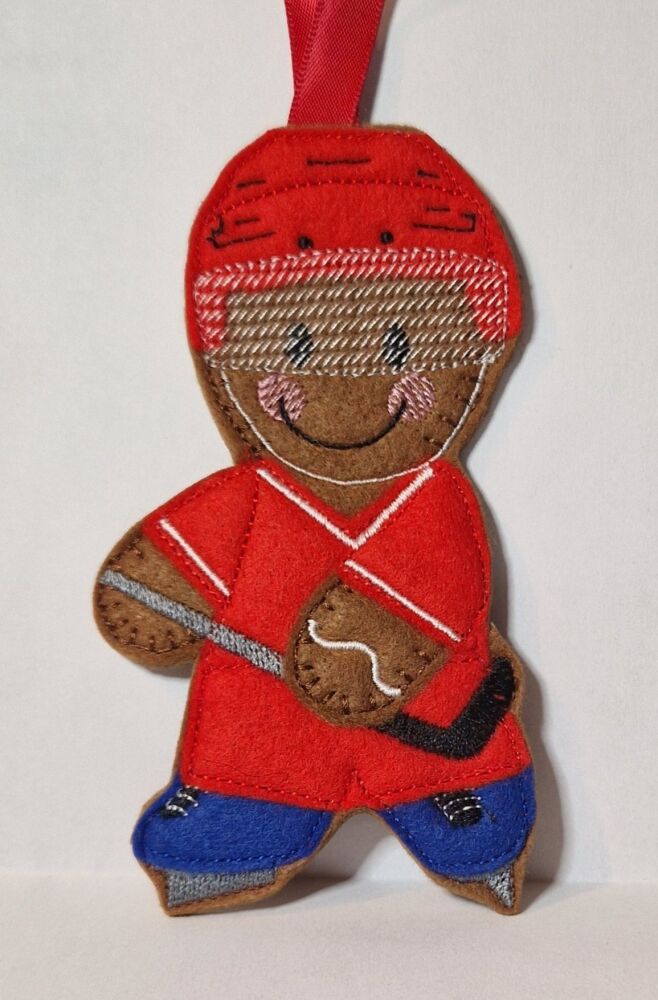 Ice Hockey Gingerbread Felt Hanging Decoration, Christmas Tree Decoration. Available as Keyring & Fridge Magnet too.