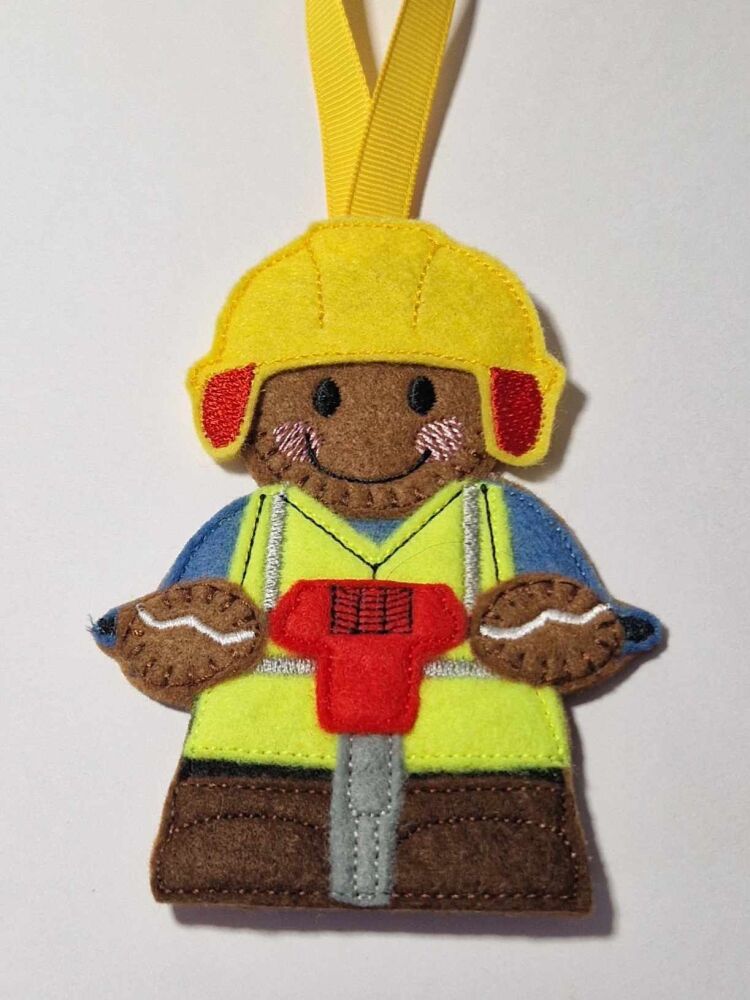 Construction Collection Jack Hammer Gingerbread Felt Hanging Decoration, Christmas Tree Decoration. Available as Keyring & Fridge Magnet too.