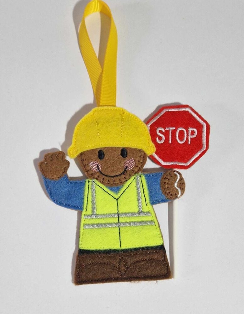 Construction Collection Stop Go Sign Gingerbread Felt Hanging Decoration, Christmas Tree Decoration. Available as Keyring & Fridge Magnet too.