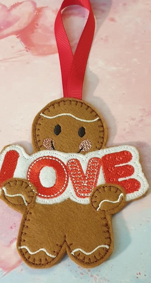 Love Banner Gingerbread Felt Hanging Decoration, Christmas Tree Decoration. Available as Keyring & Fridge Magnet too.