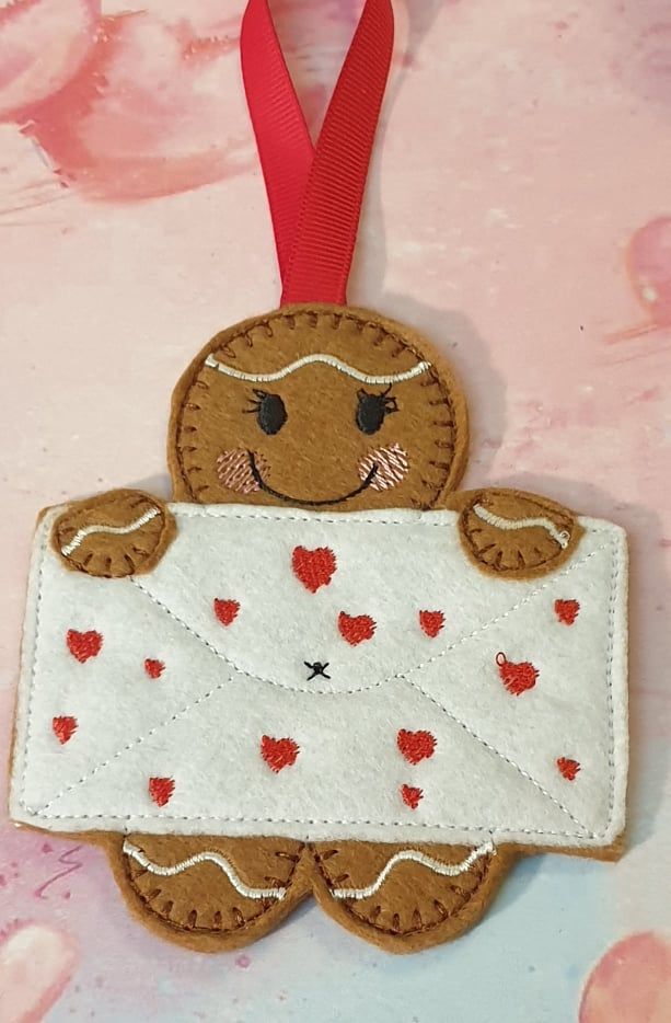 Love Letter Gingerbread Felt Hanging Decoration, Christmas Tree Decoration. Available as Keyring & Fridge Magnet too.