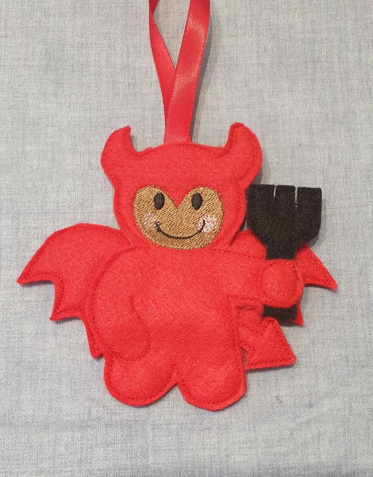 Red Devil Halloween or Valentine Gingerbread Felt Hanging Decoration, Christmas Tree Decoration. Available as Keyring & Fridge Magnet too.