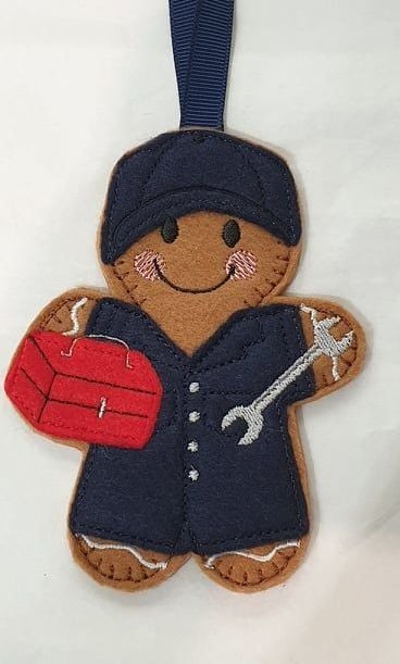 Mechanic Gingerbread Felt Hanging Decoration, Christmas Tree Decoration. Available as Keyring & Fridge Magnet too.