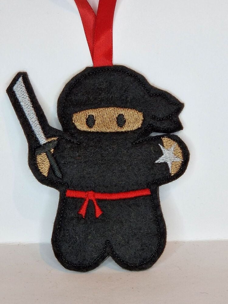 Ninja Gingerbread Felt Hanging Decoration, Christmas Tree Decoration. Available as Keyring & Fridge Magnet too.