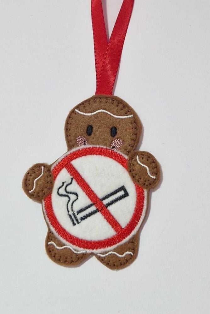 No Smoking Gingerbread Felt Hanging Decoration, Christmas Tree Decoration. Available as Keyring & Fridge Magnet too.