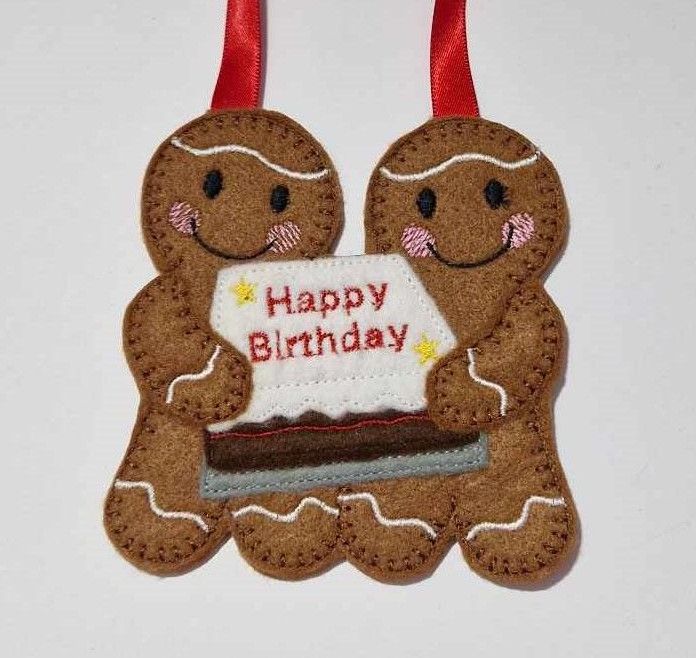 Felt Gingerbread Couple Holding Birthday Cake Hanging Decoration.  Party De