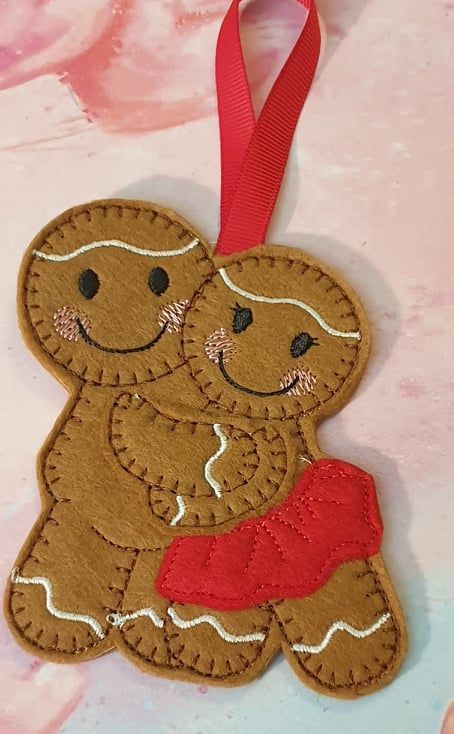 In Love Gingerbread couple Felt Hanging Decoration, Christmas Tree Decoration. Available as Keyring & Fridge Magnet too.