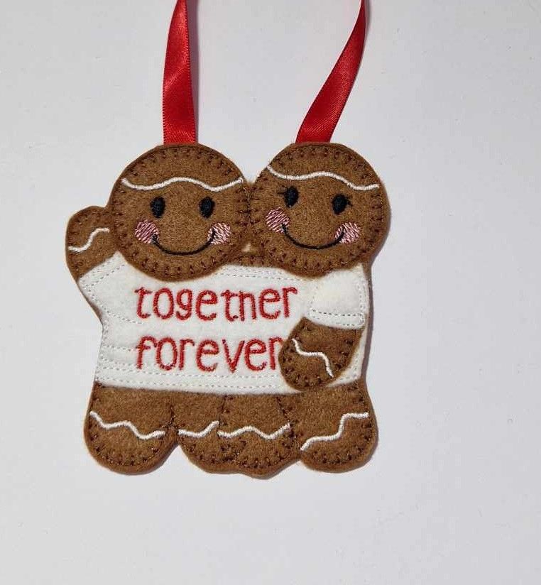 Together Forever Gingerbread couple Felt Hanging Decoration, Christmas Tree Decoration. Available as Keyring & Fridge Magnet too.