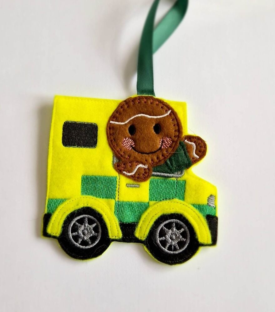 Ambulance with Paramedic Gingerbread Felt Hanging Decoration, Christmas Tree Decoration. Available as Keyring & Fridge Magnet too.