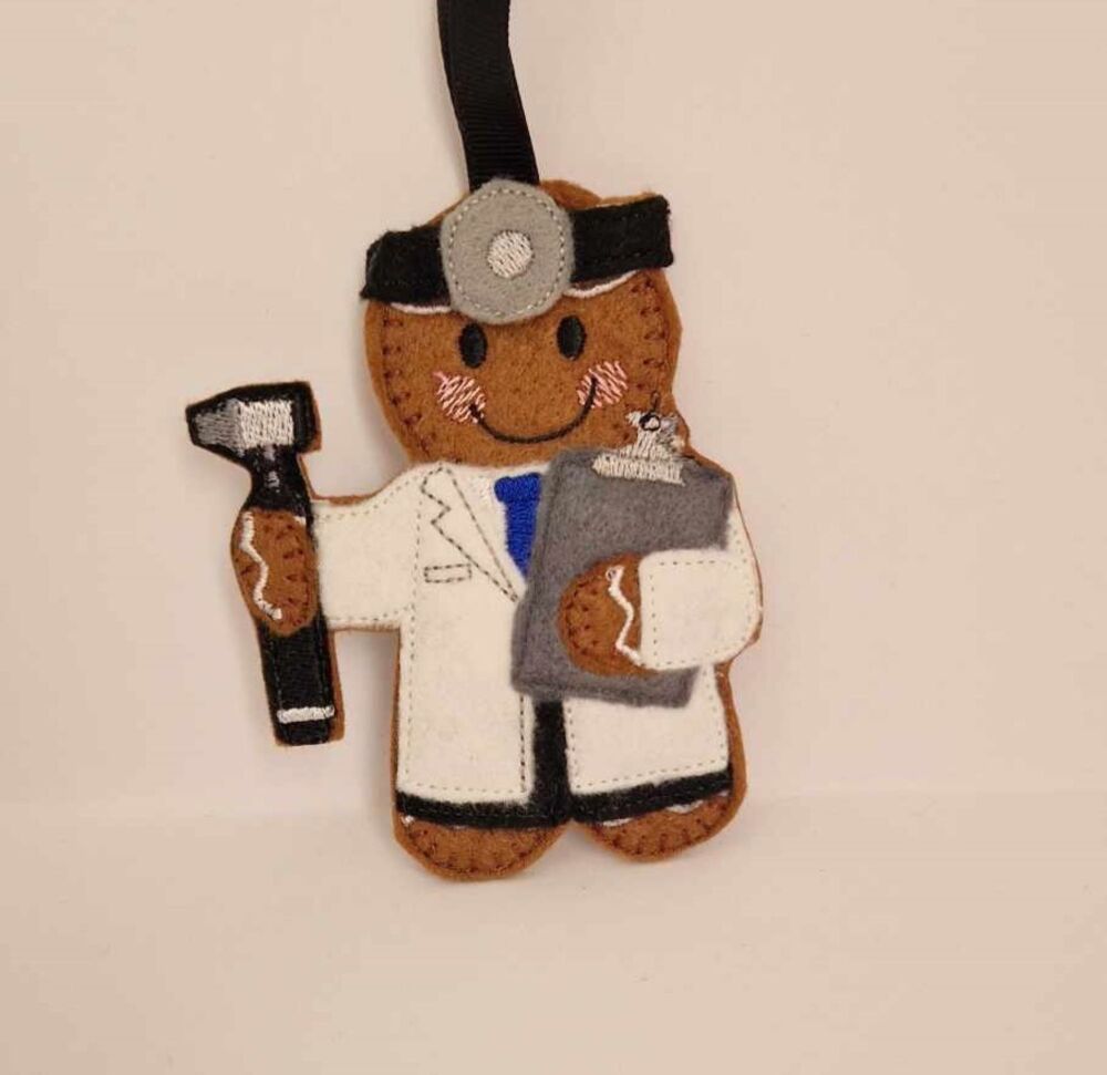 Hospital Audiologist Gingerbread Felt Hanging Decoration, Christmas Tree Decoration. Available as Keyring & Fridge Magnet too.