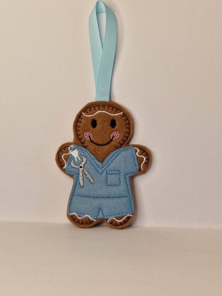 Dentist or Dental Nurse Gingerbread Felt Hanging Decoration, Christmas Tree Decoration. Available as Keyring & Fridge Magnet too.